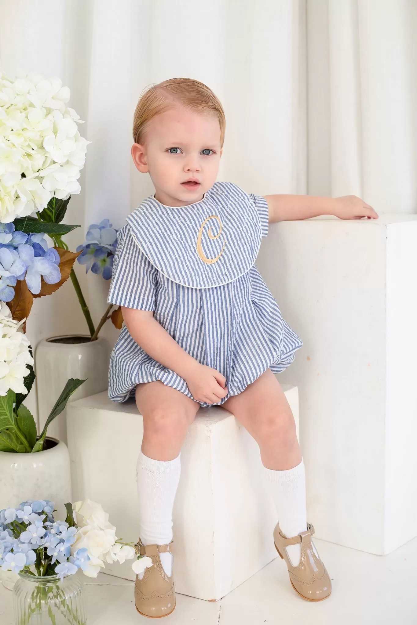 Boys Dark Blue Seersucker Stripe Romper