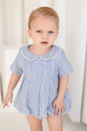 Boys Dark Blue Seersucker Stripe Romper