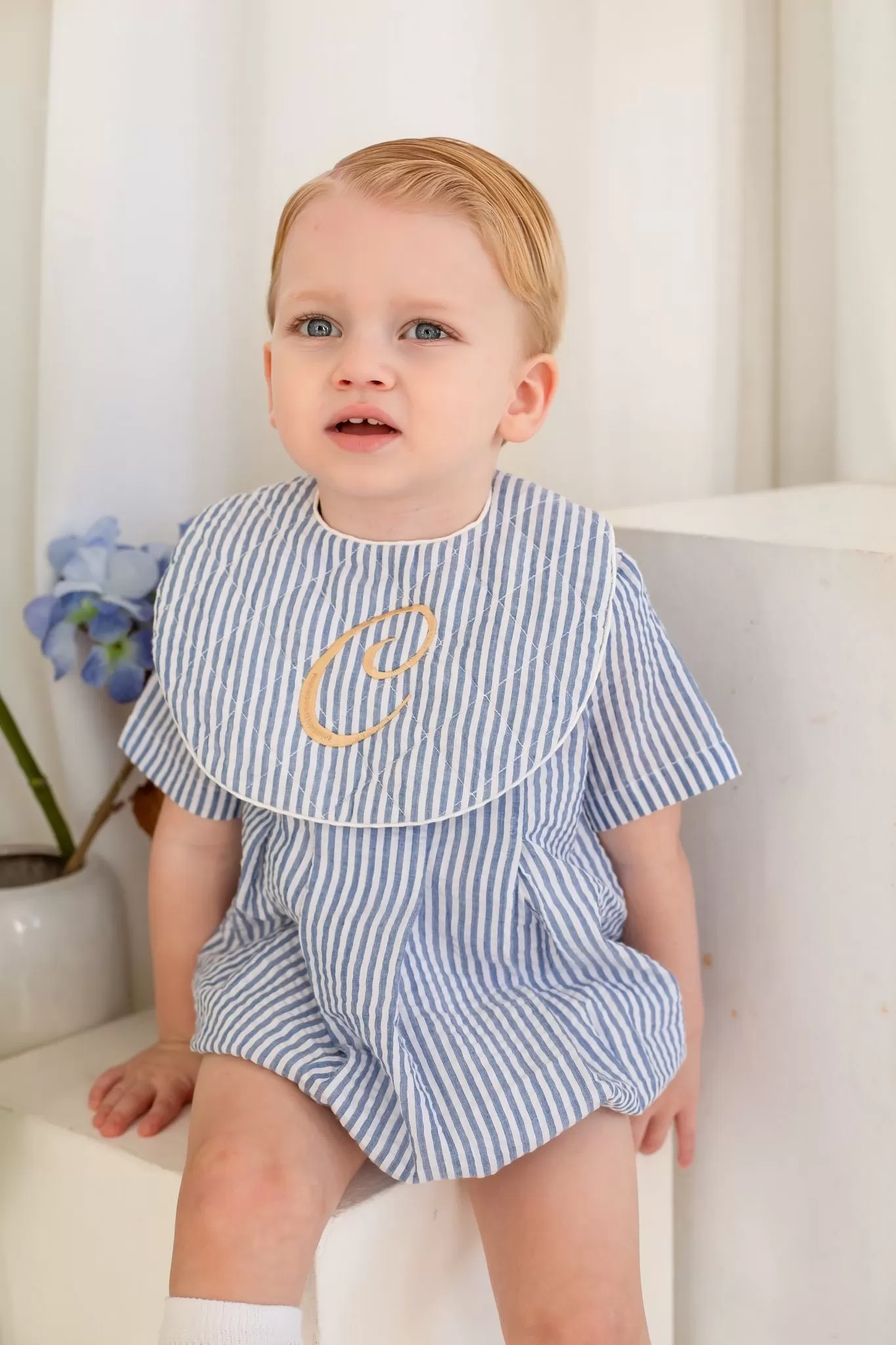 Boys Dark Blue Seersucker Stripe Romper