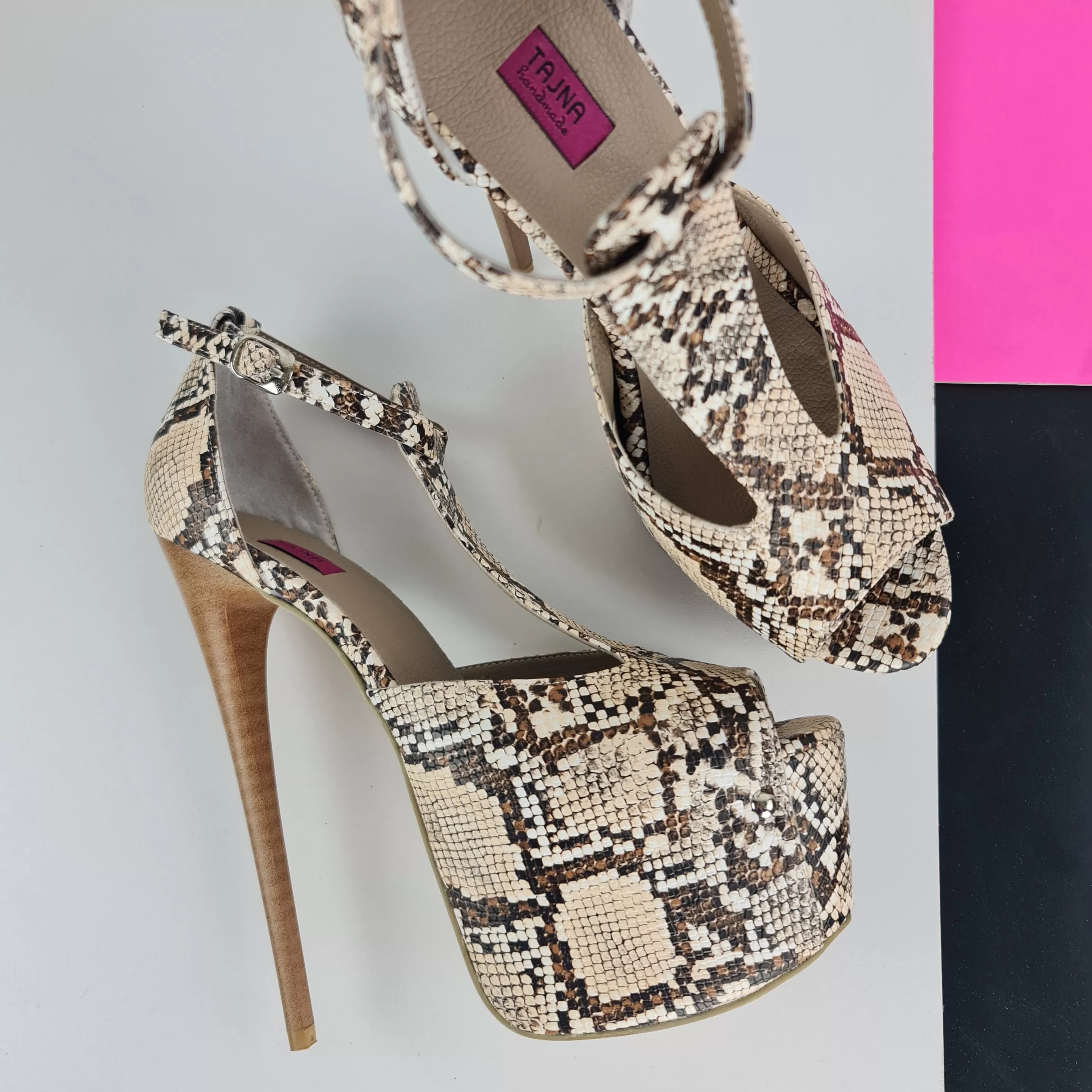 Brown Snake Print T-Strap Ankle High Heels