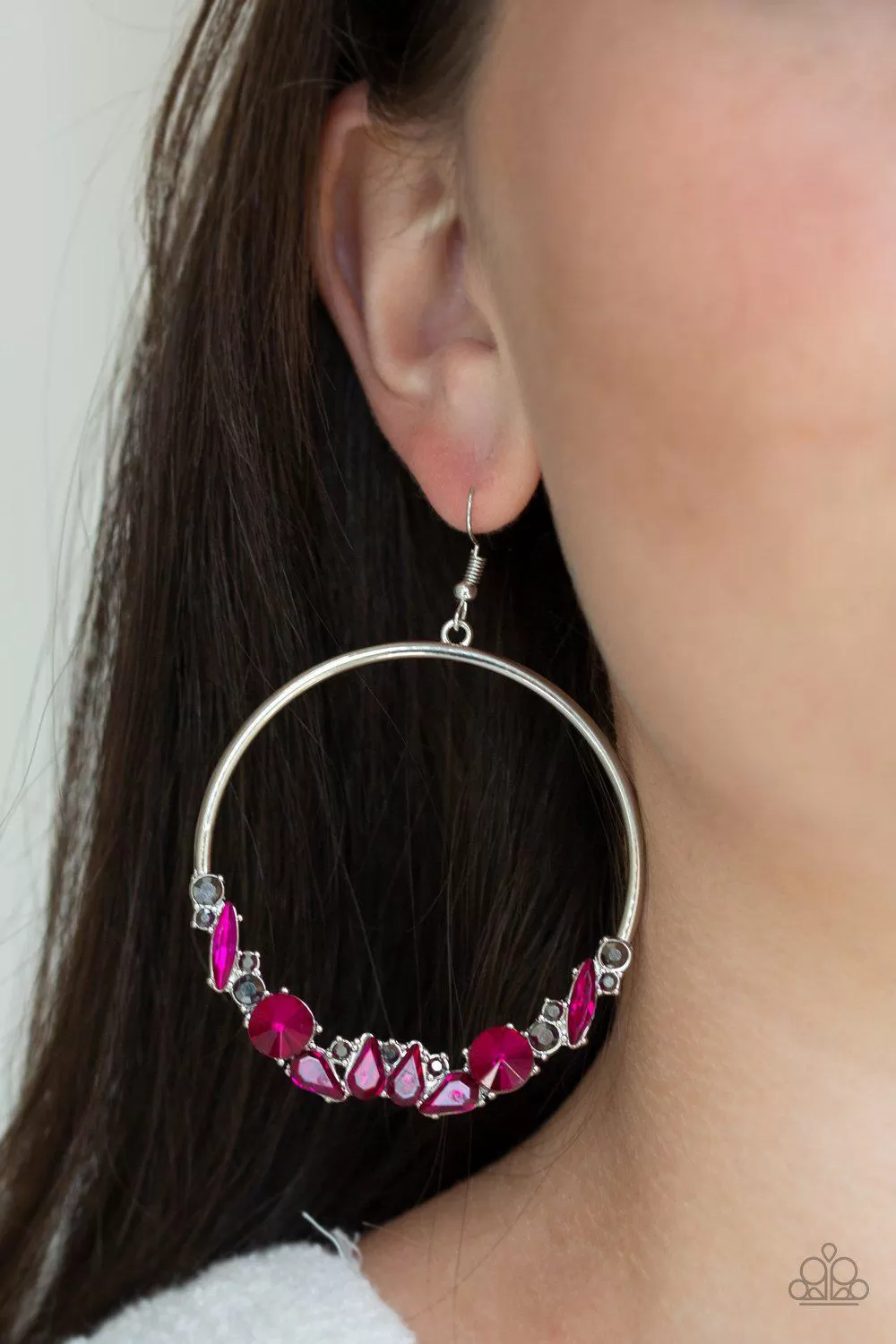 Business Casual Pink and Hematite Rhinestone Earrings - Paparazzi Accessories