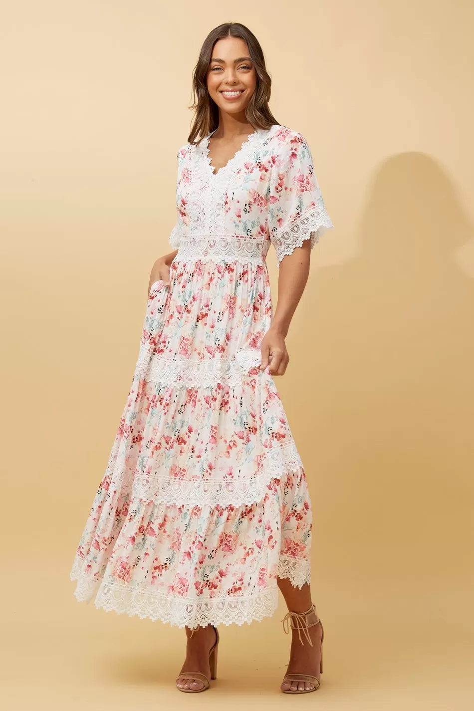 BYRON LACE TRIM FLORAL MAXI DRESS