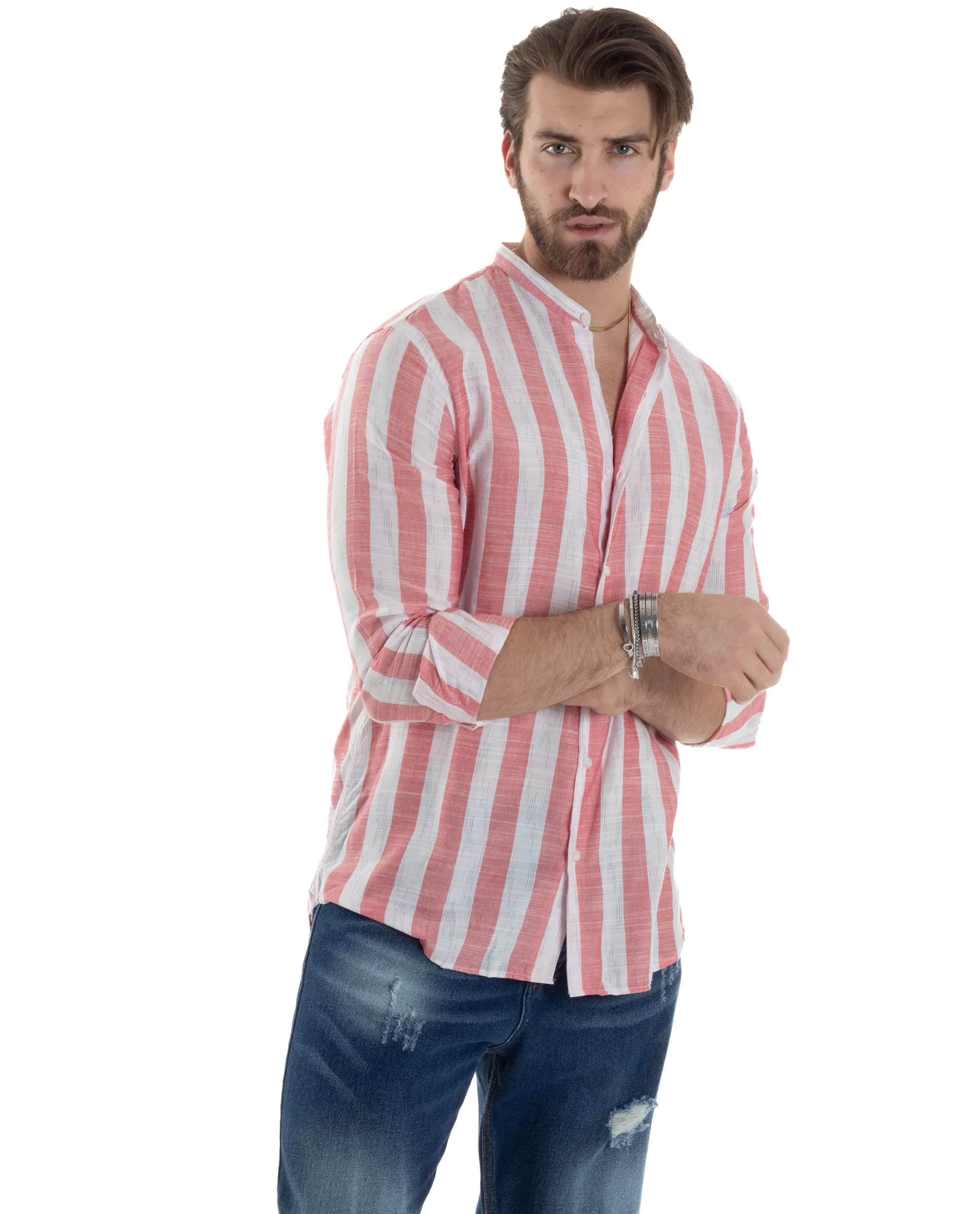 Camicia Uomo Manica Lunga A Righe Lino Collo Coreano Regular Fit Riga Larga Rosso GIOSAL-C2860A