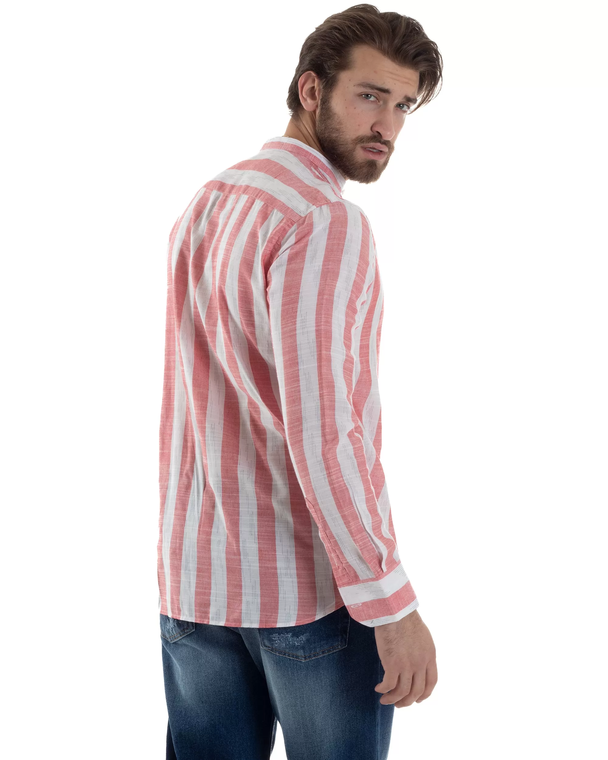 Camicia Uomo Manica Lunga A Righe Lino Collo Coreano Regular Fit Riga Larga Rosso GIOSAL-C2860A