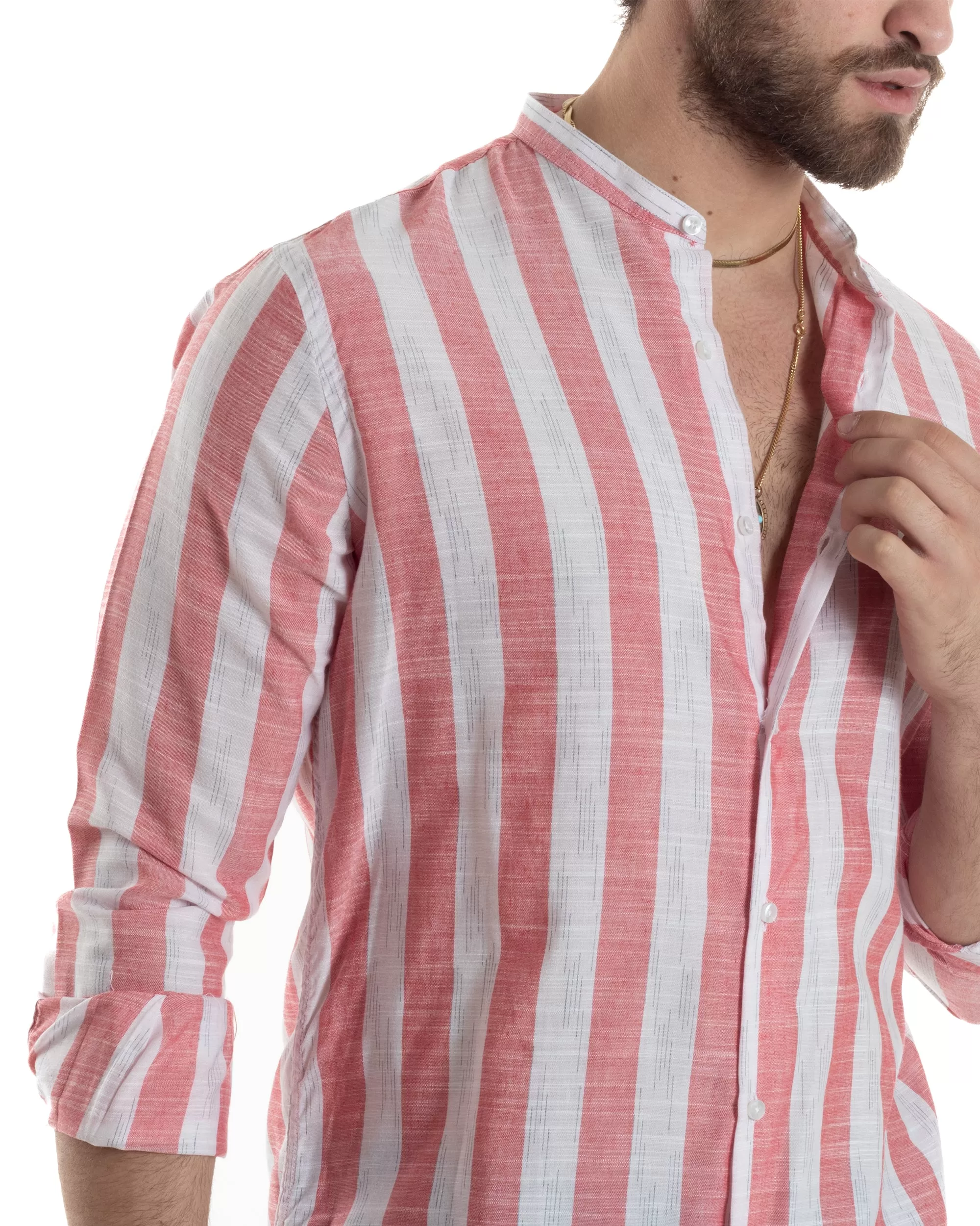 Camicia Uomo Manica Lunga A Righe Lino Collo Coreano Regular Fit Riga Larga Rosso GIOSAL-C2860A