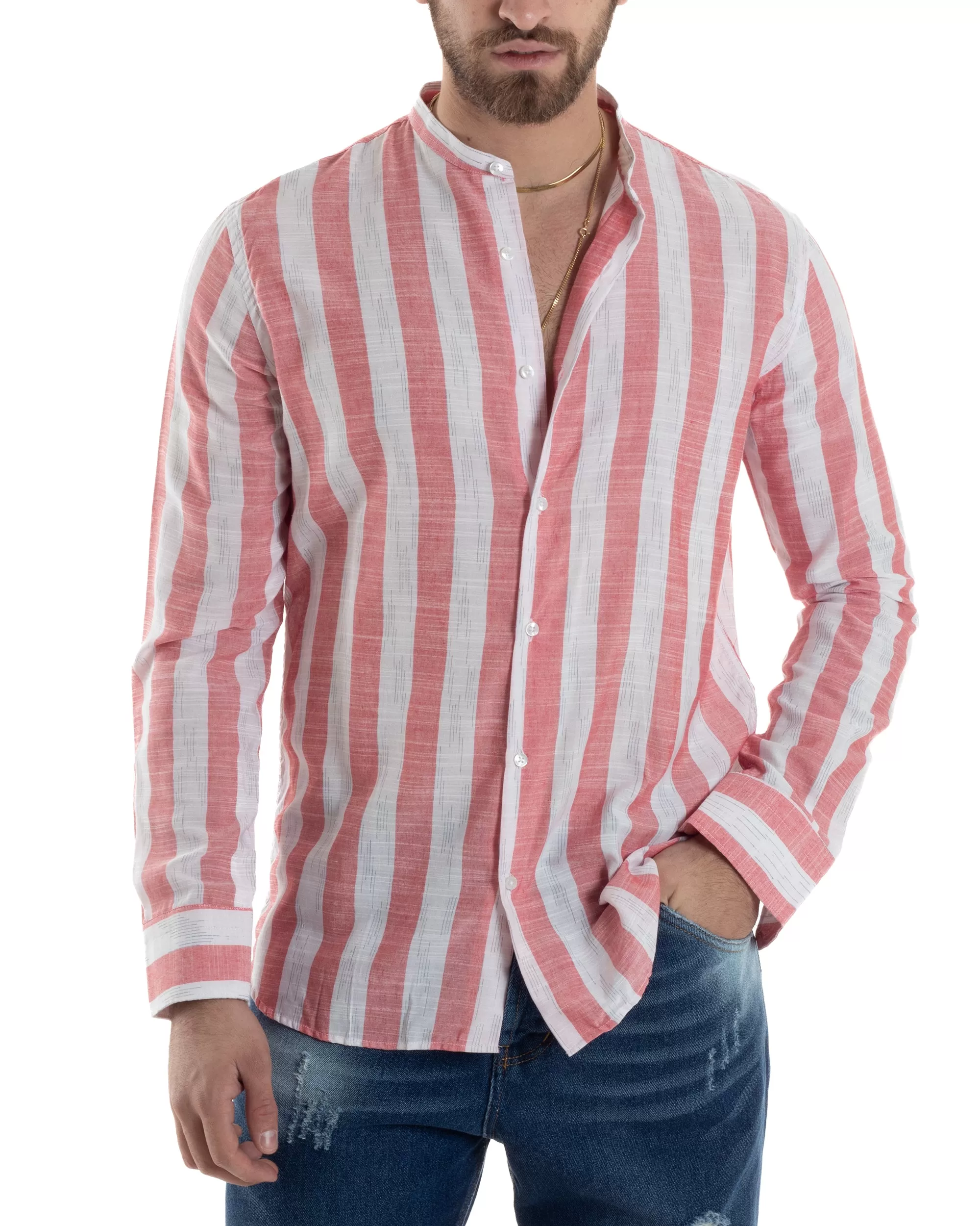 Camicia Uomo Manica Lunga A Righe Lino Collo Coreano Regular Fit Riga Larga Rosso GIOSAL-C2860A