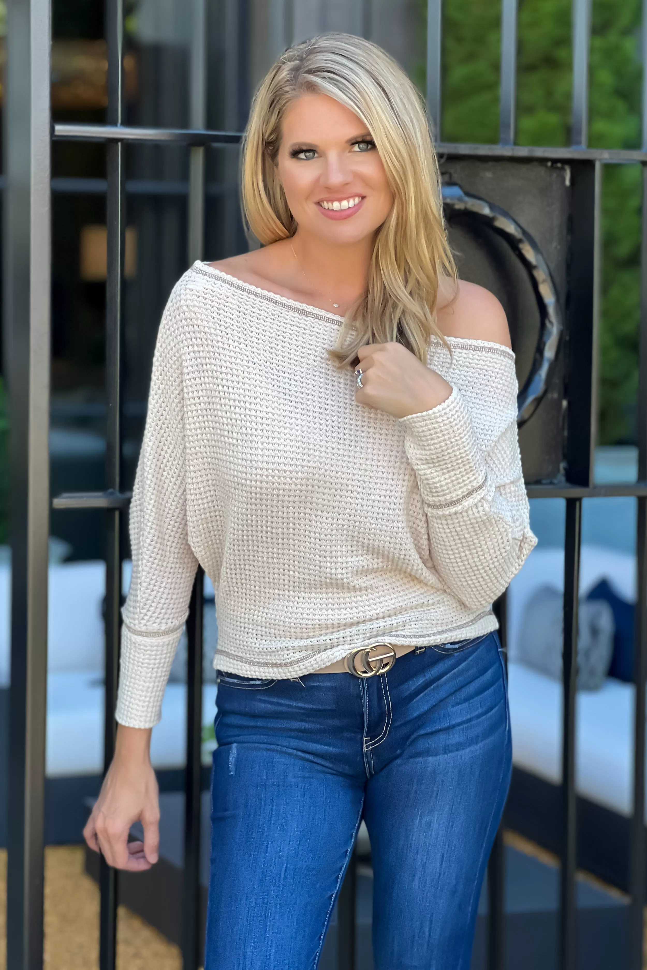 Casual Date Night Off Shoulder Thermal Top : Cream/Taupe