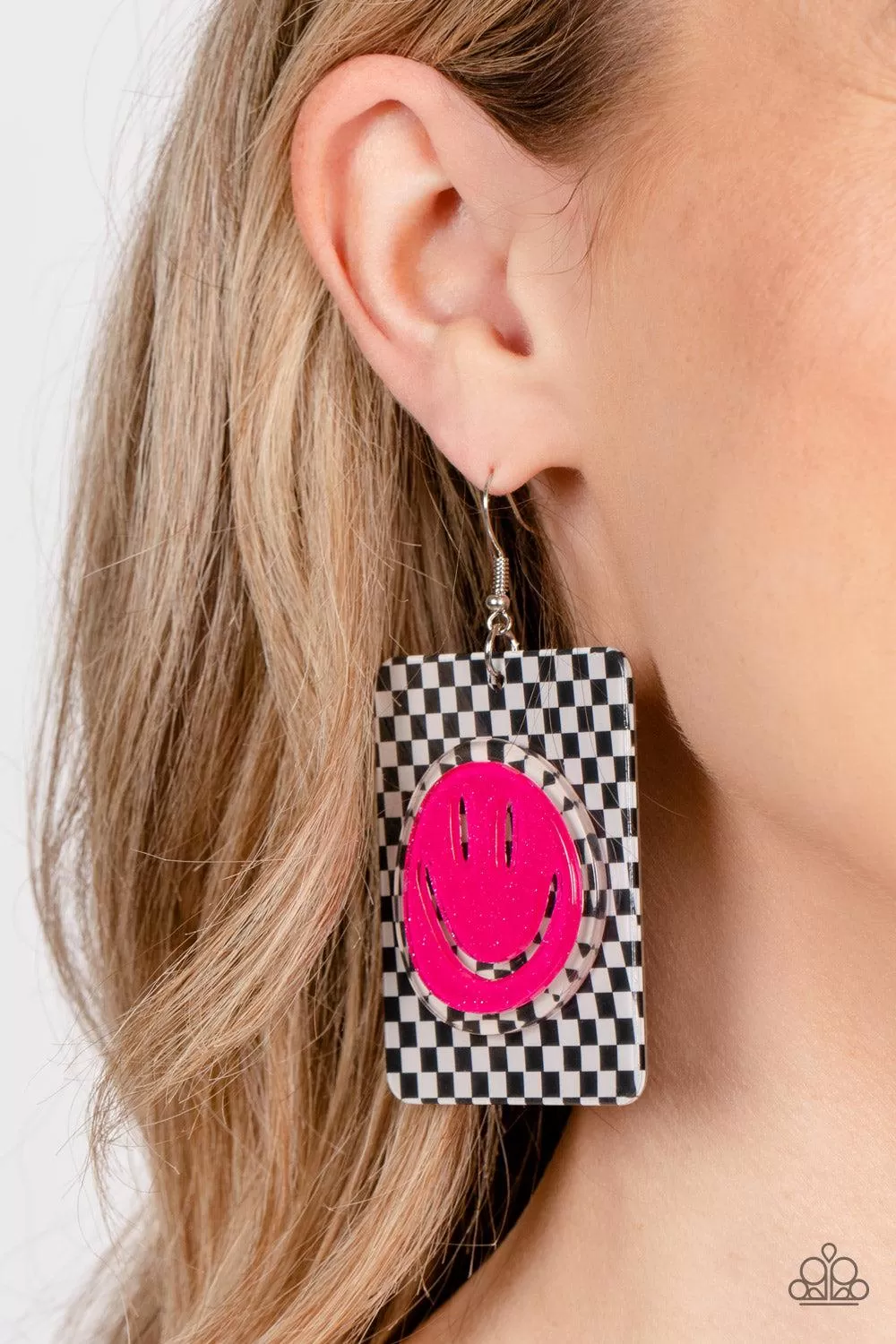 Cheeky Checkerboard Pink Smiley Face Earrings - Paparazzi Accessories