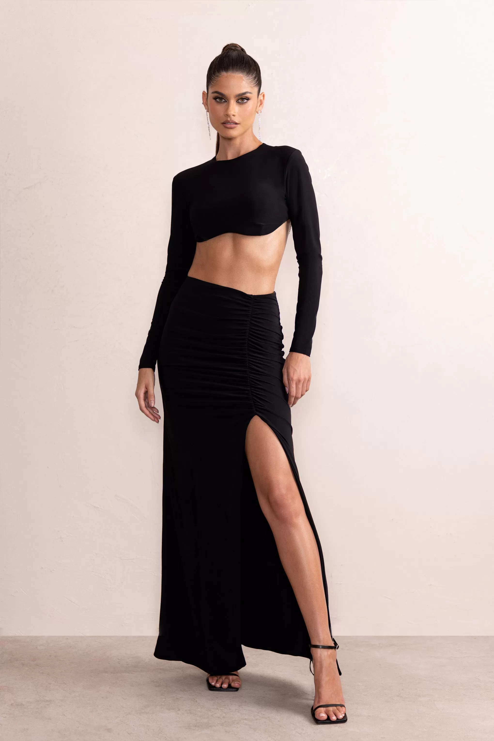 Chloe | Black High Waist Ruched Detail Maxi Skirt