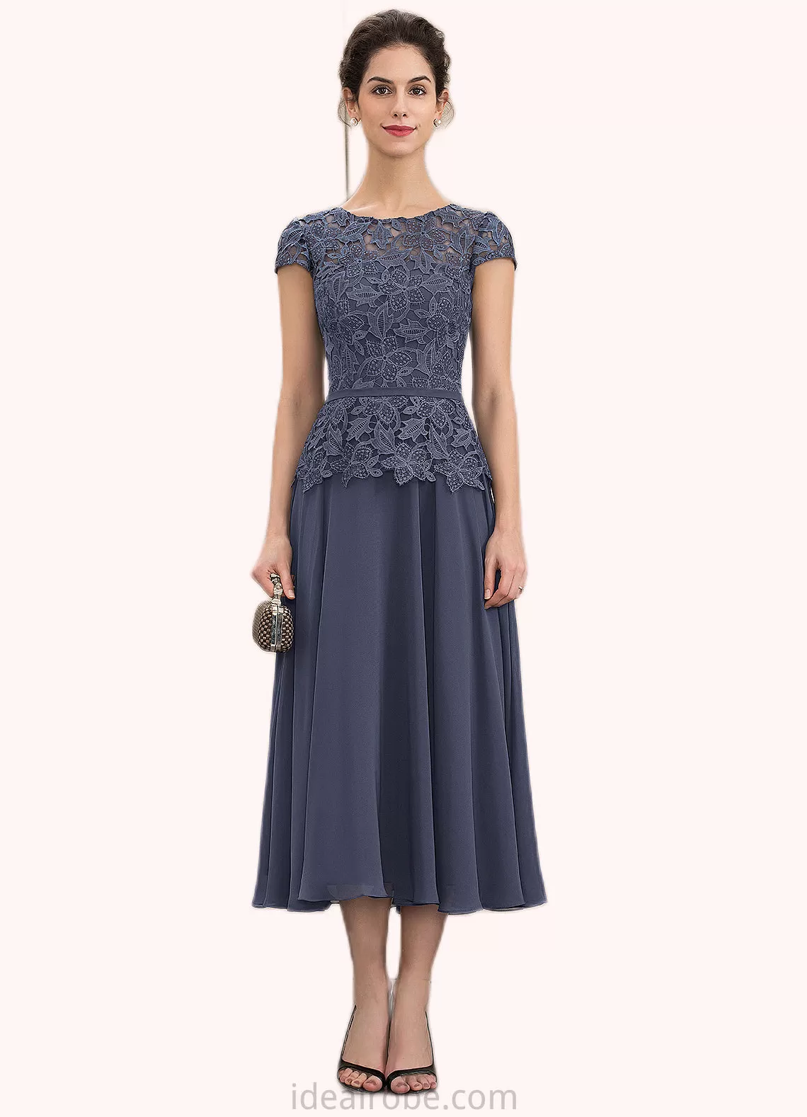 Deborah A-Line Scoop Neck Tea-Length Chiffon Lace Mother of the Bride Dress STK126P0014627