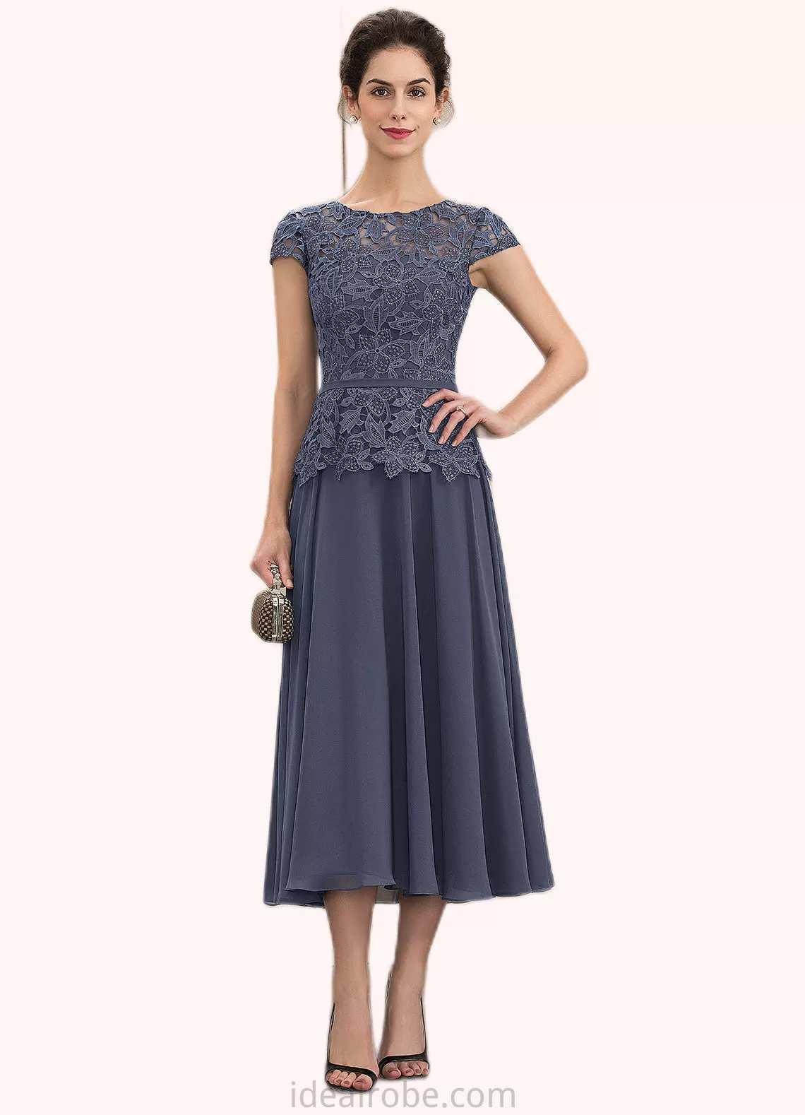 Deborah A-Line Scoop Neck Tea-Length Chiffon Lace Mother of the Bride Dress STK126P0014627