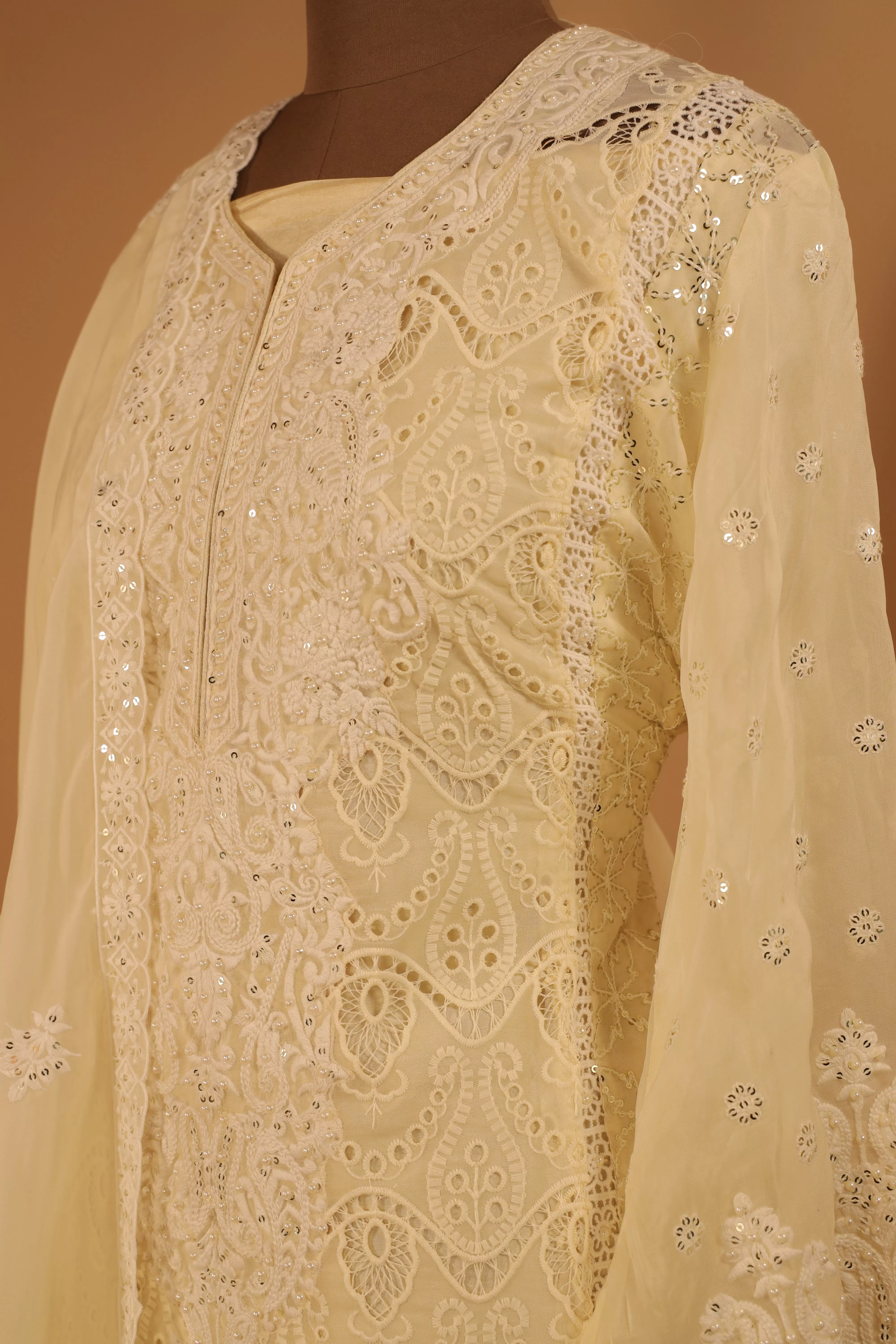 Designer  Cream Embroidered Cutwork Organza Suit Dupatta