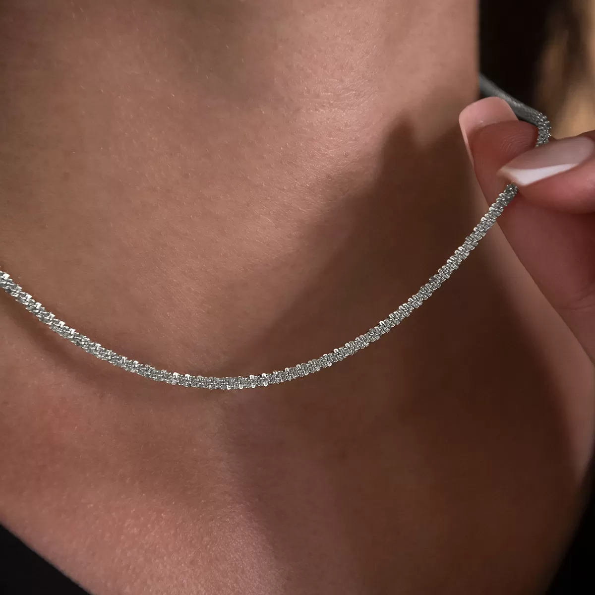 Diamond Cut Popcorn Necklace in White Gold- 2mm