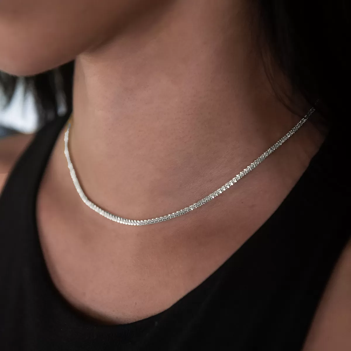 Diamond Cut Popcorn Necklace in White Gold- 2mm