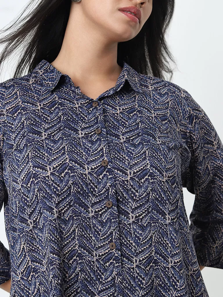 Diza Indigo Leaf Printed High-Low Tunic