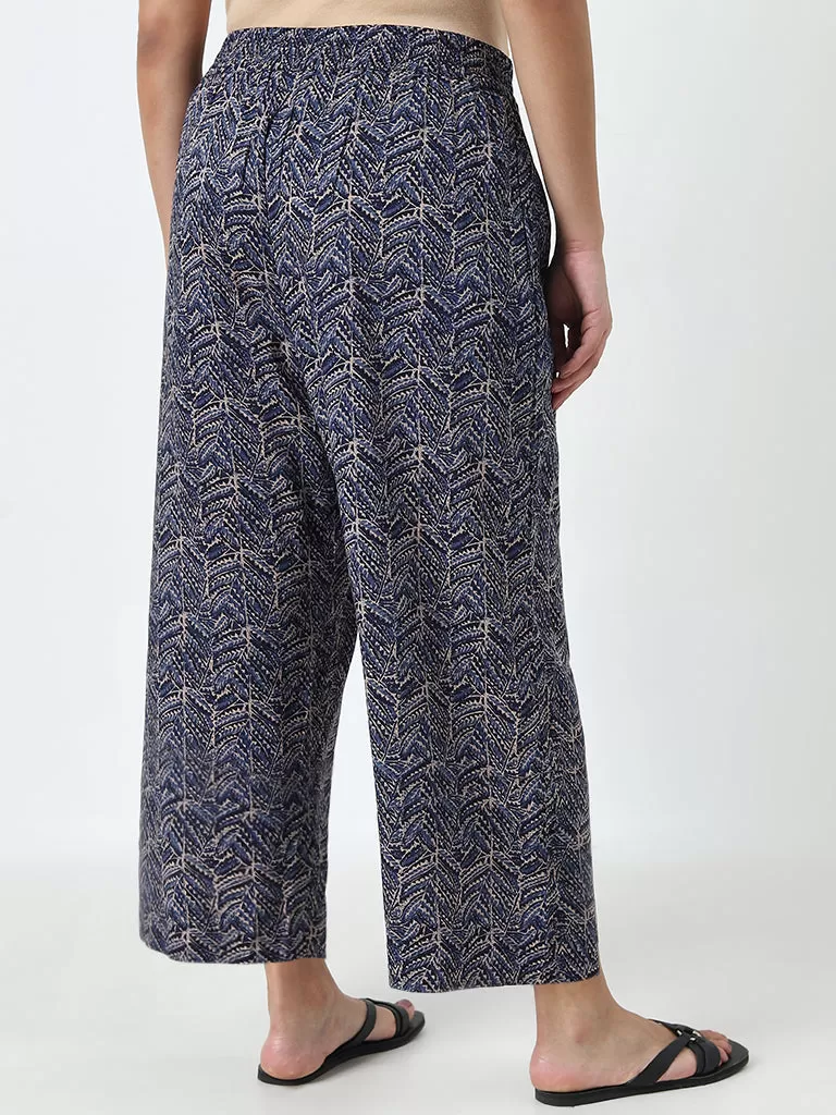 Diza Indigo Leaf Printed High-Rise Palazzos