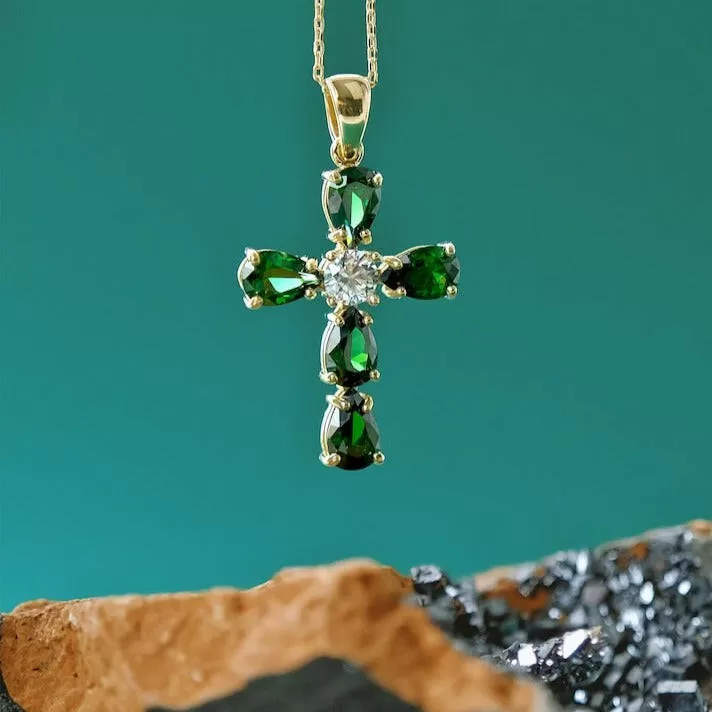 Emerald Cross Necklace | 14K Solid Gold