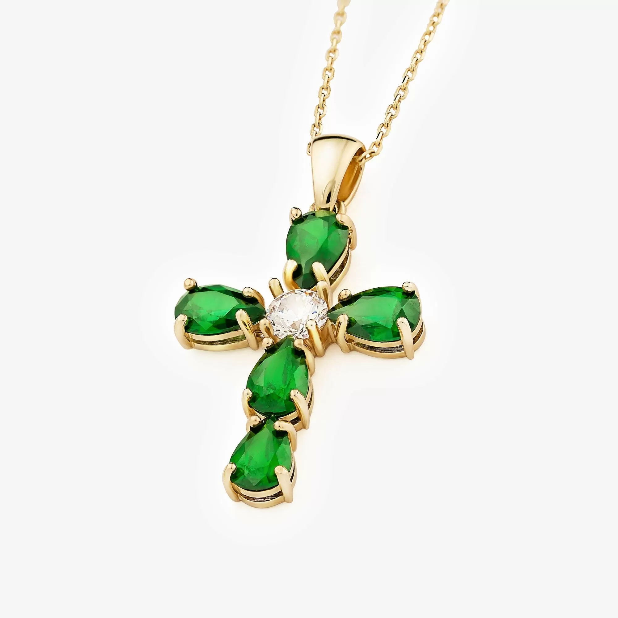 Emerald Cross Necklace | 14K Solid Gold