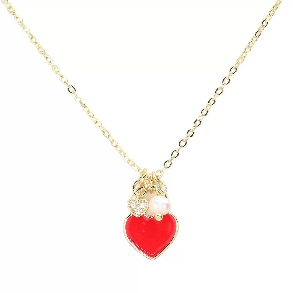 Enamel Heart Pearl Pendant Necklace