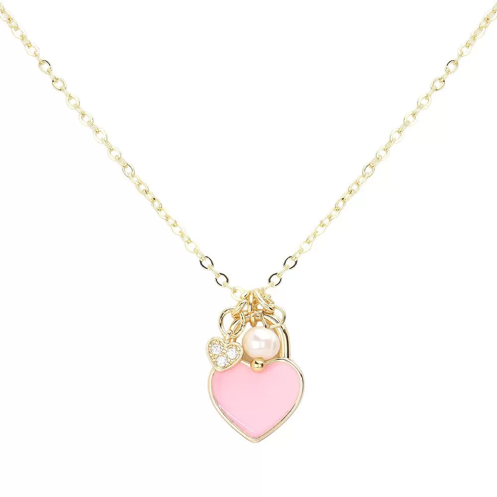 Enamel Heart Pearl Pendant Necklace