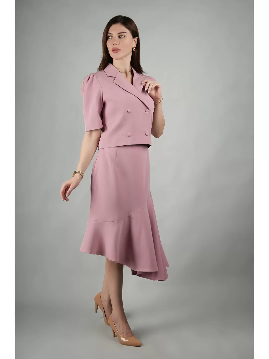 Exude Sunbeam Crop Blazer With Asymmetrical Skirt (Blush Pink)