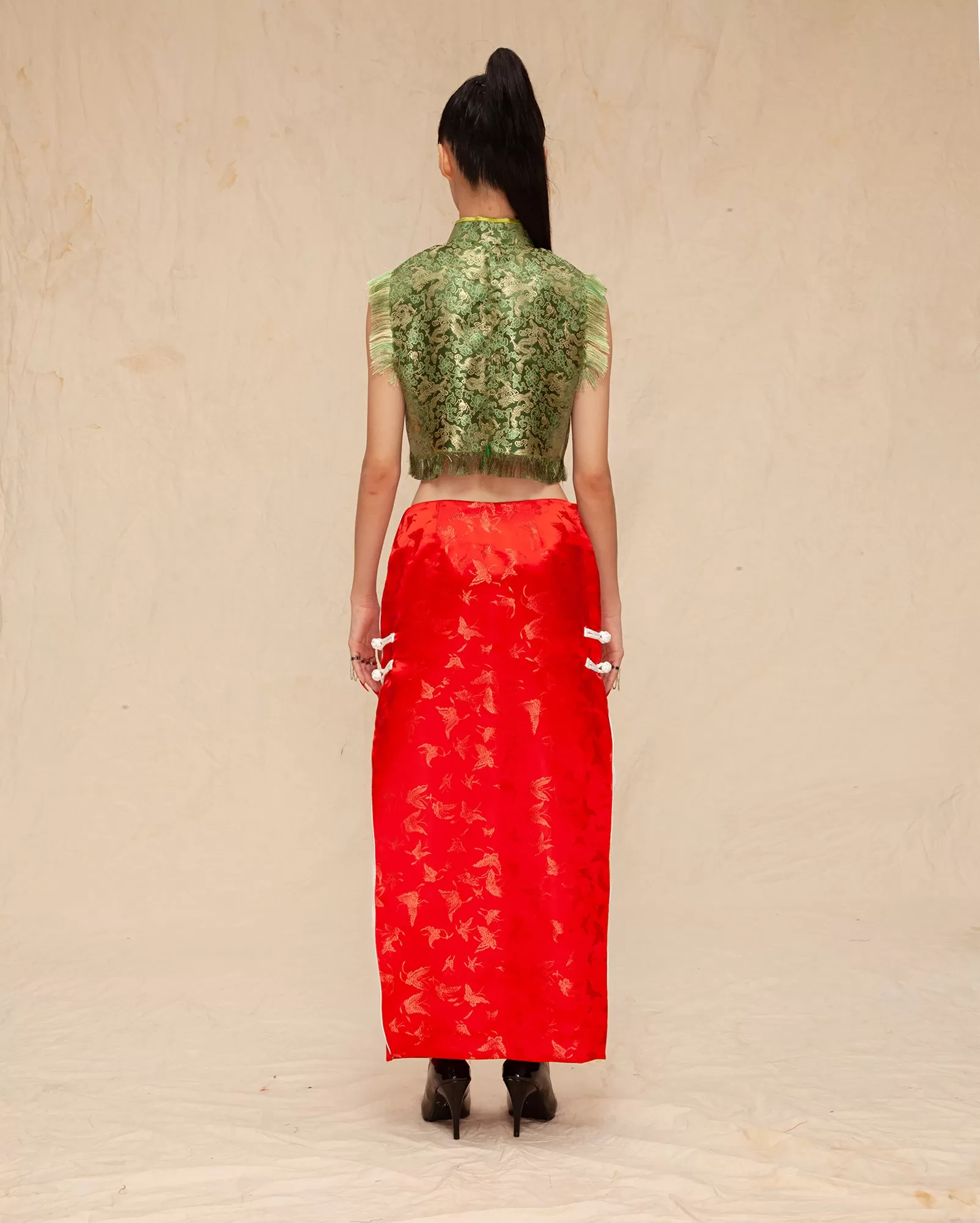 Fringed Cheongsam Crop Top and Cheongsam Skirt