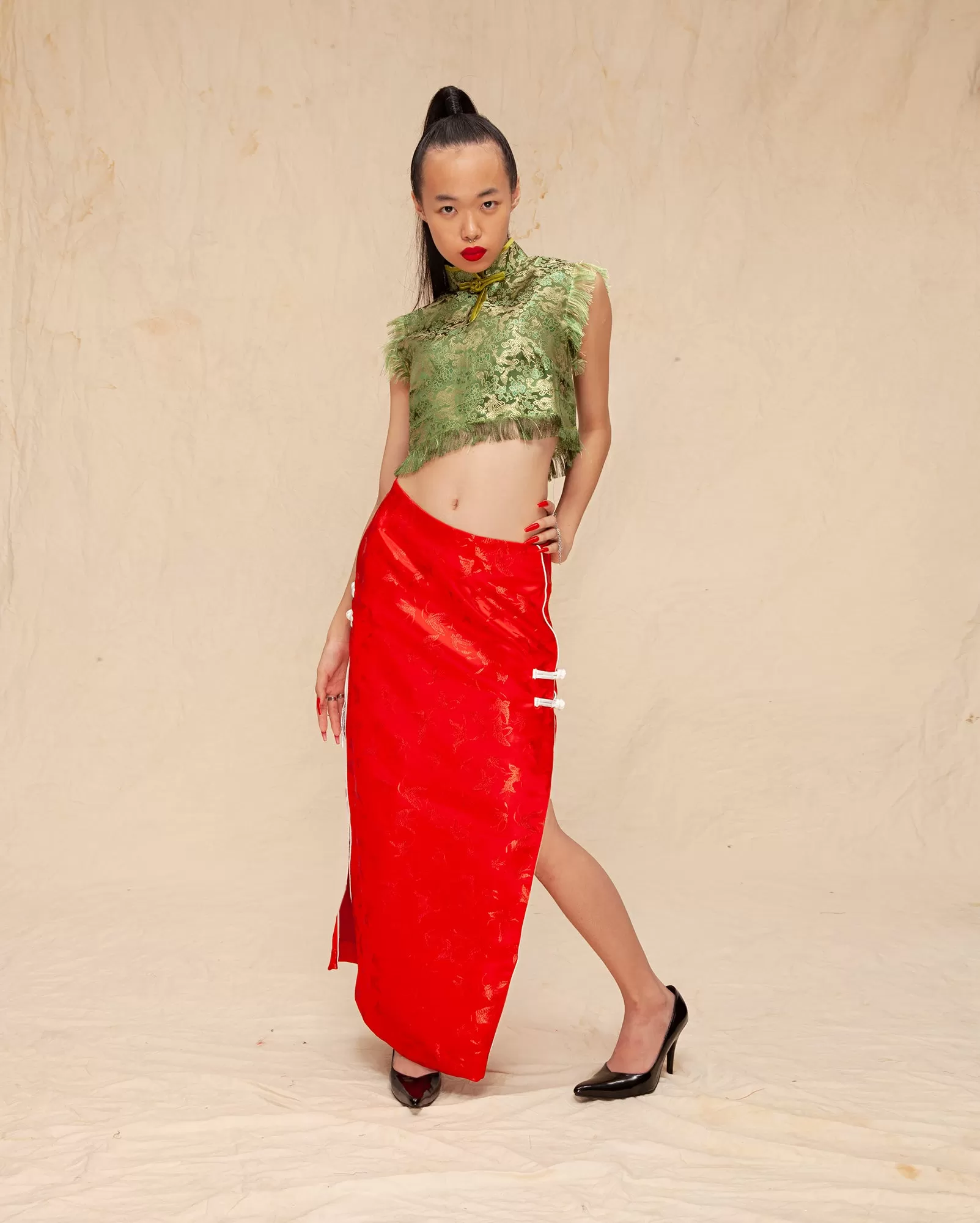 Fringed Cheongsam Crop Top and Cheongsam Skirt