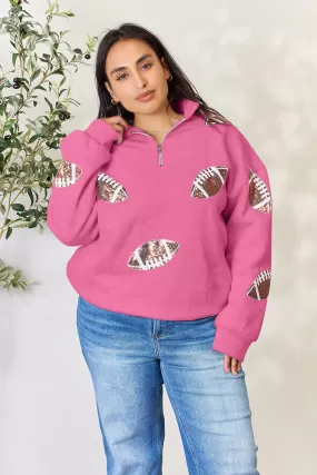 Full Size Sequin Football Half Zip Long Sleeve Sweatshirt