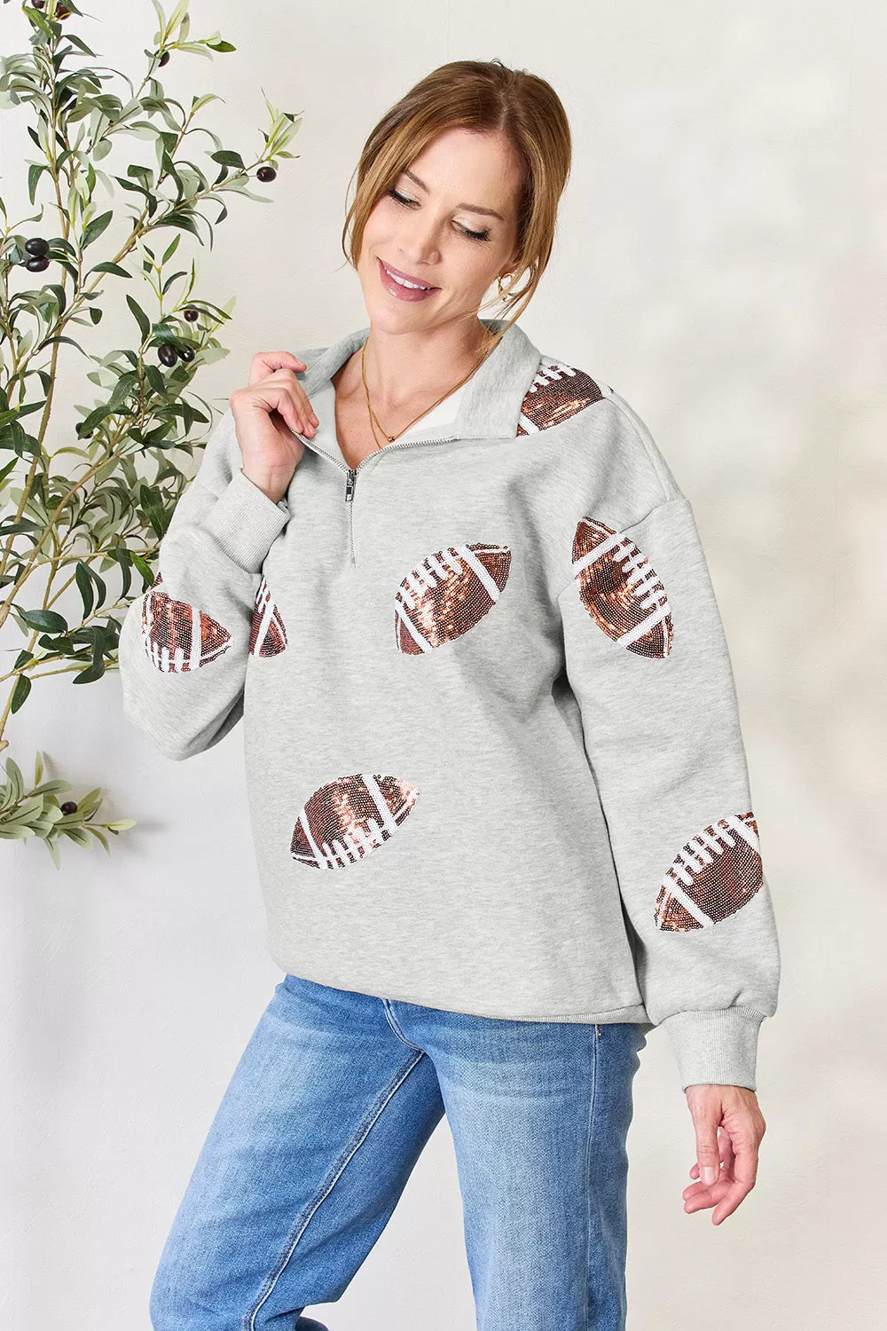 Full Size Sequin Football Half Zip Long Sleeve Sweatshirt