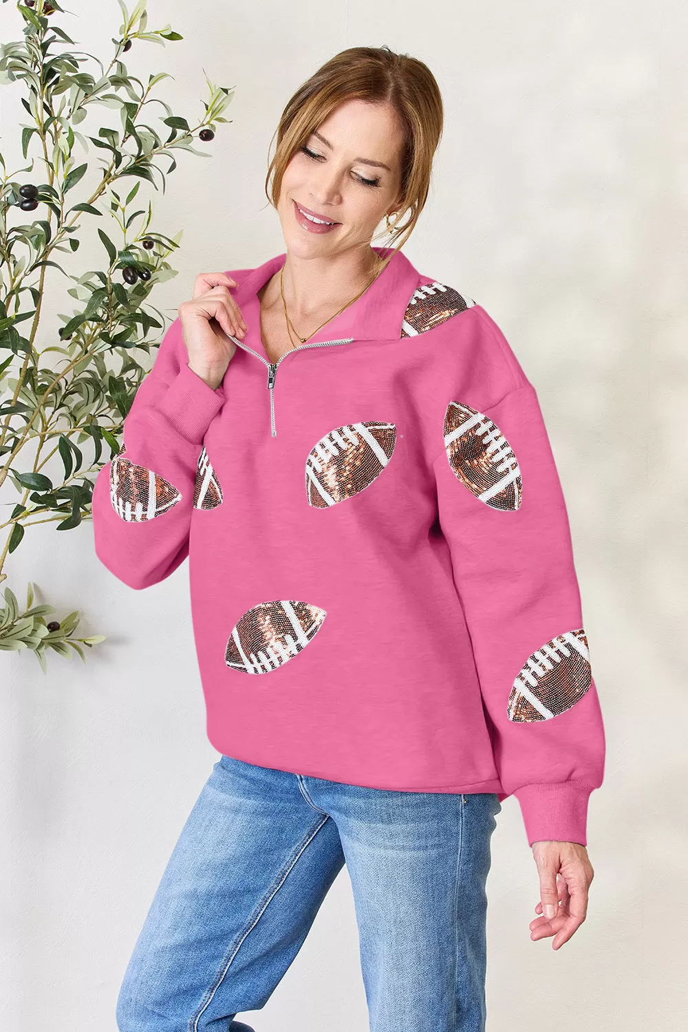 Full Size Sequin Football Half Zip Long Sleeve Sweatshirt