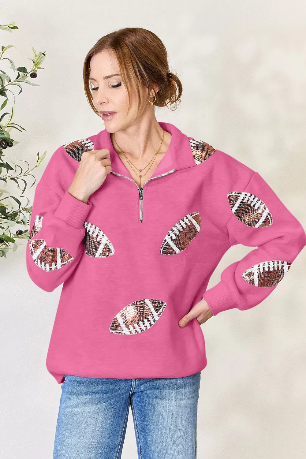 Full Size Sequin Football Half Zip Long Sleeve Sweatshirt