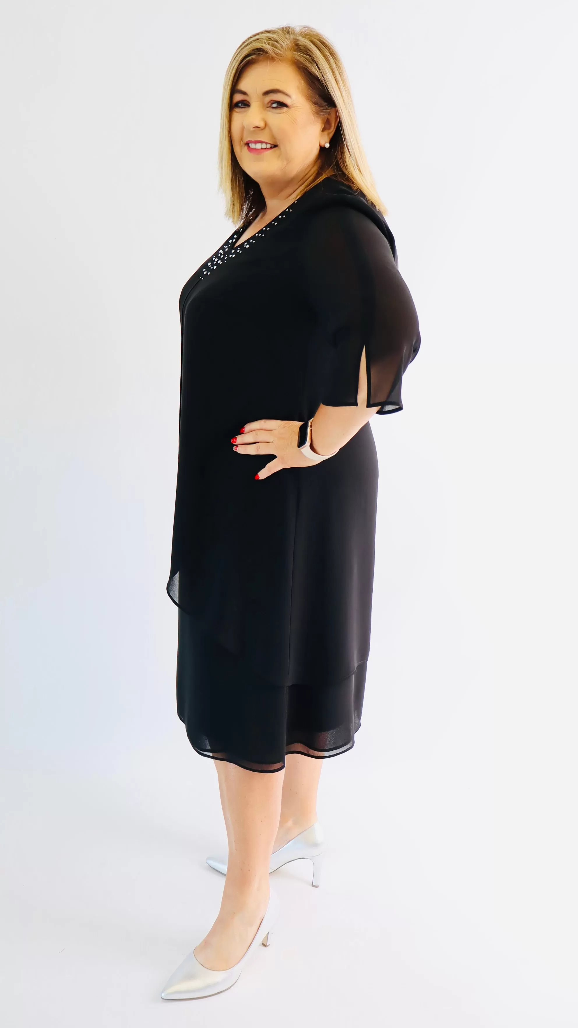 Godske Chiffon Dress with Diamonte Neckline in Black