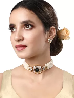 Gold Plated Kundan Necklace with Onyx and Pearls