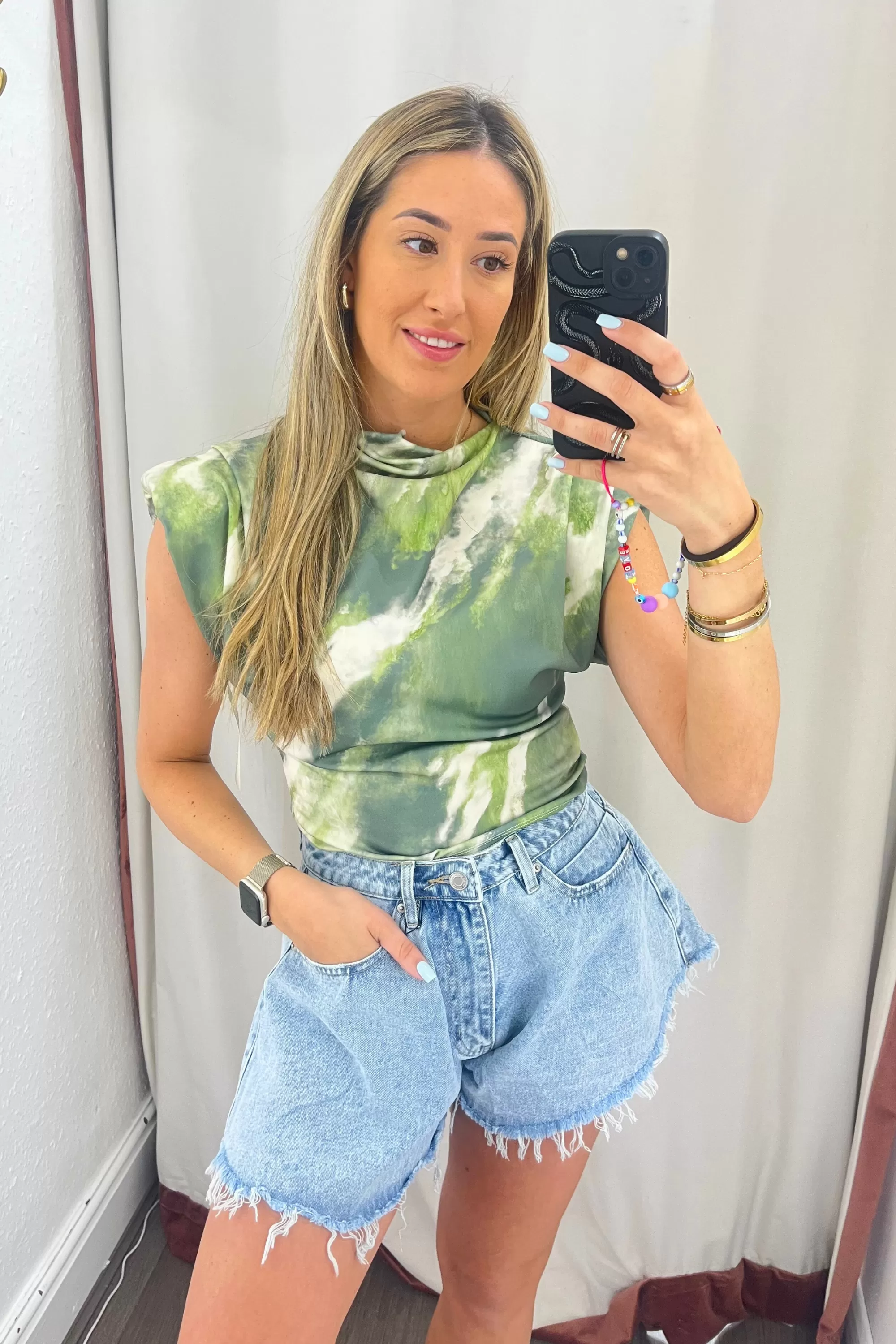 Green tie dye shoulder padded top