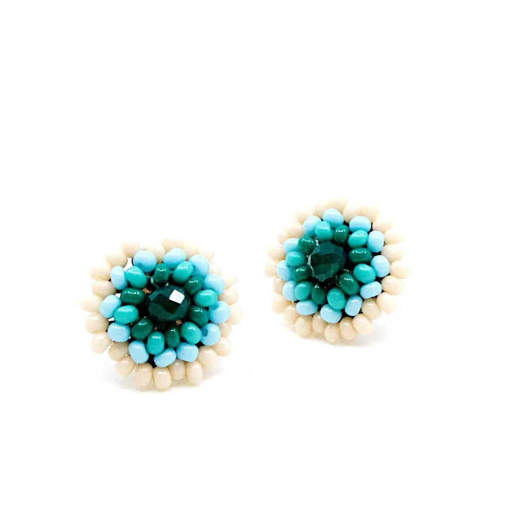 Hand Beaded Flower Earrings - Icy Blue