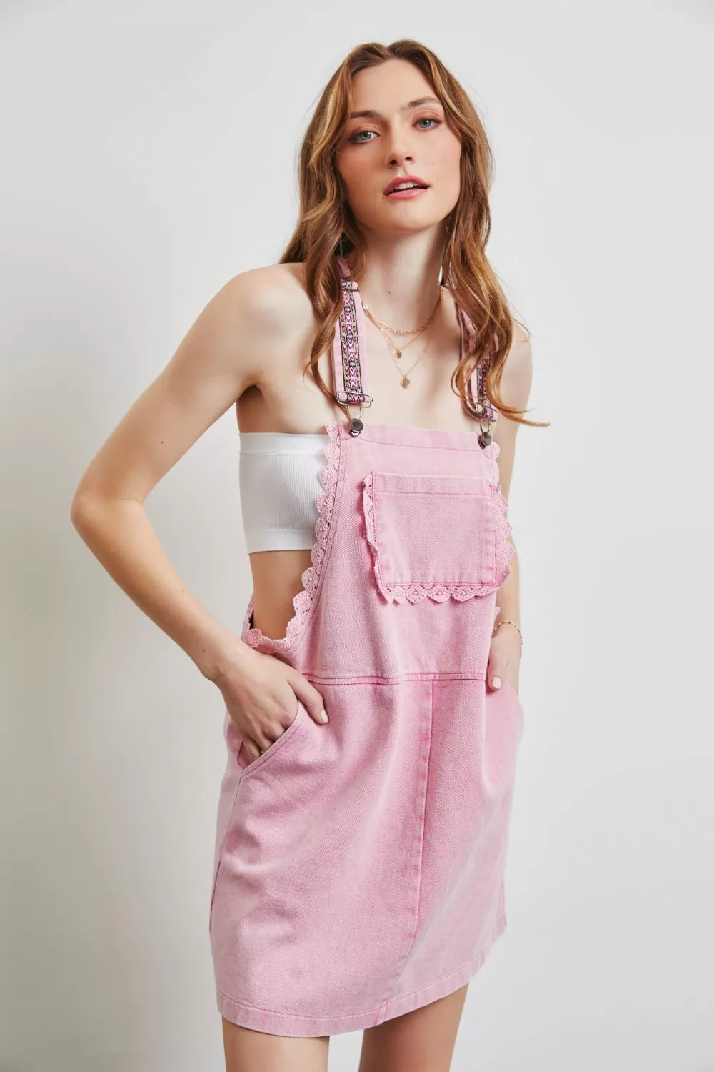 HEYSON Lace Trim Washed Overall Dress