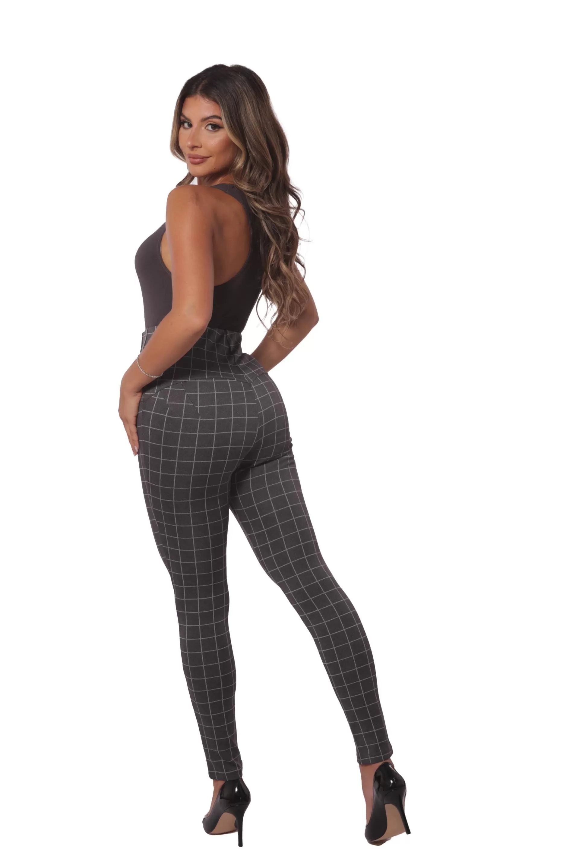 High Waist Sculpting Treggings With Metal Button Waist Detail - Gray, White Plaid