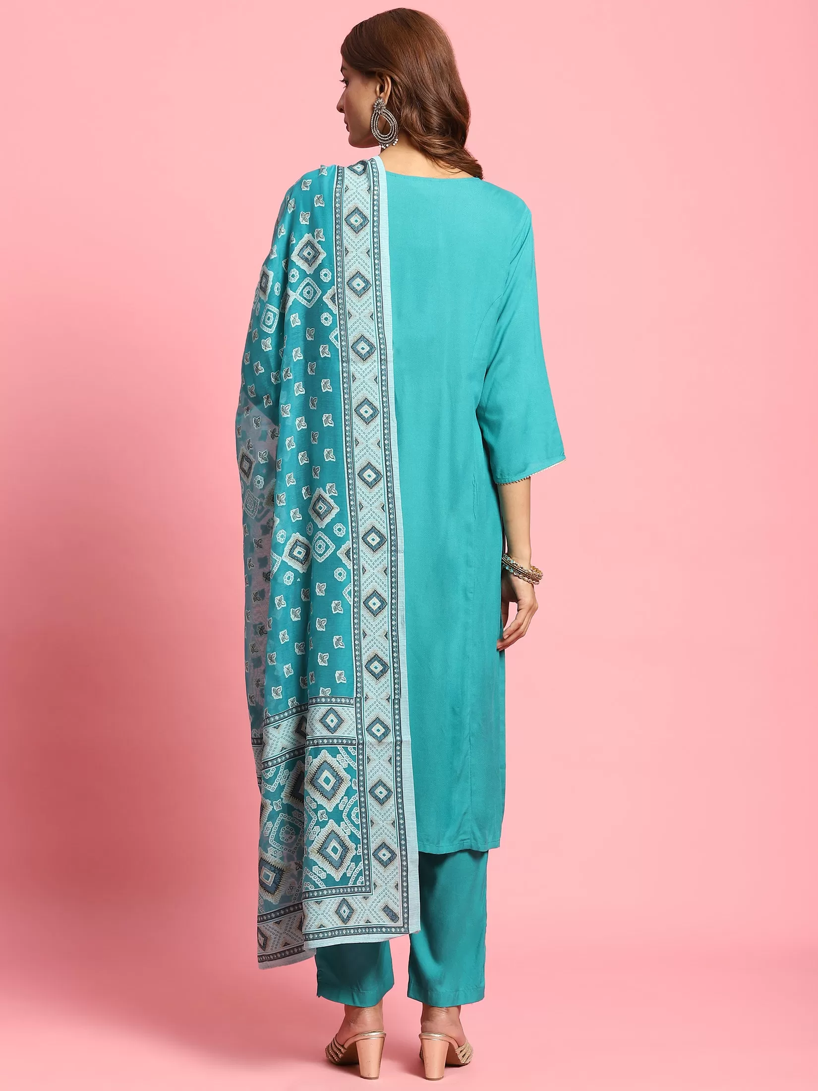 Indiessence Women Teal Solid Kurta Trouser Dupatta