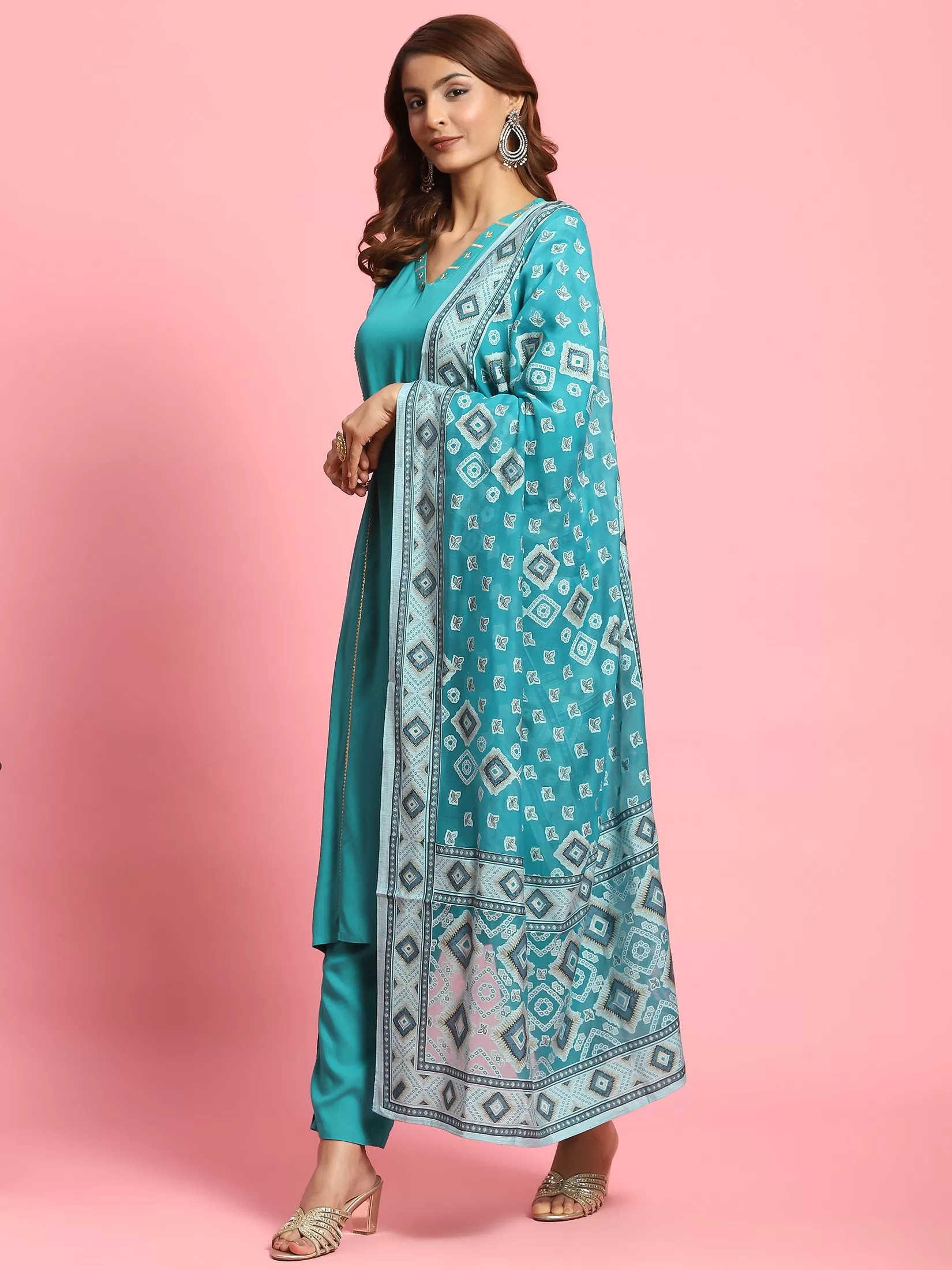 Indiessence Women Teal Solid Kurta Trouser Dupatta