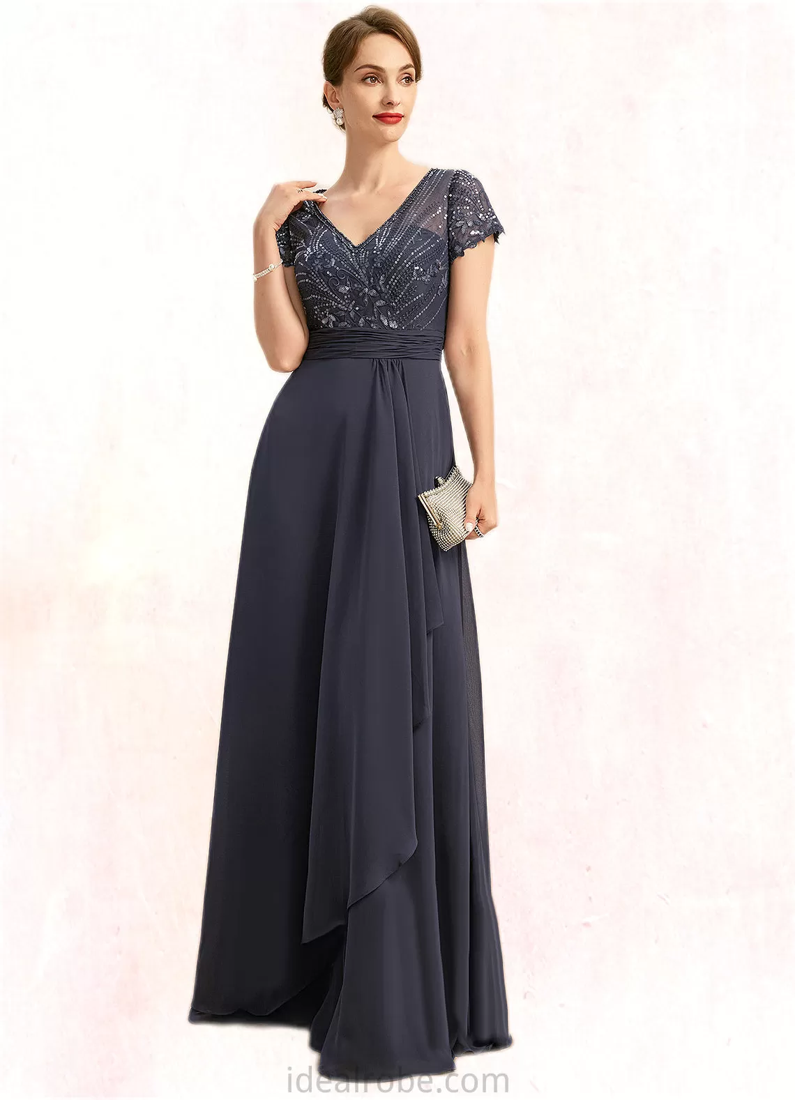 Kaley A-line V-Neck Floor-Length Chiffon Lace Mother of the Bride Dress With Beading Cascading Ruffles Sequins STKP0021675