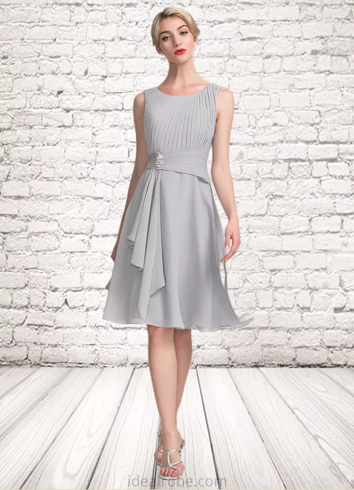 Kinsley A-Line Scoop Neck Knee-Length Chiffon Mother of the Bride Dress With Beading Cascading Ruffles STK126P0014751