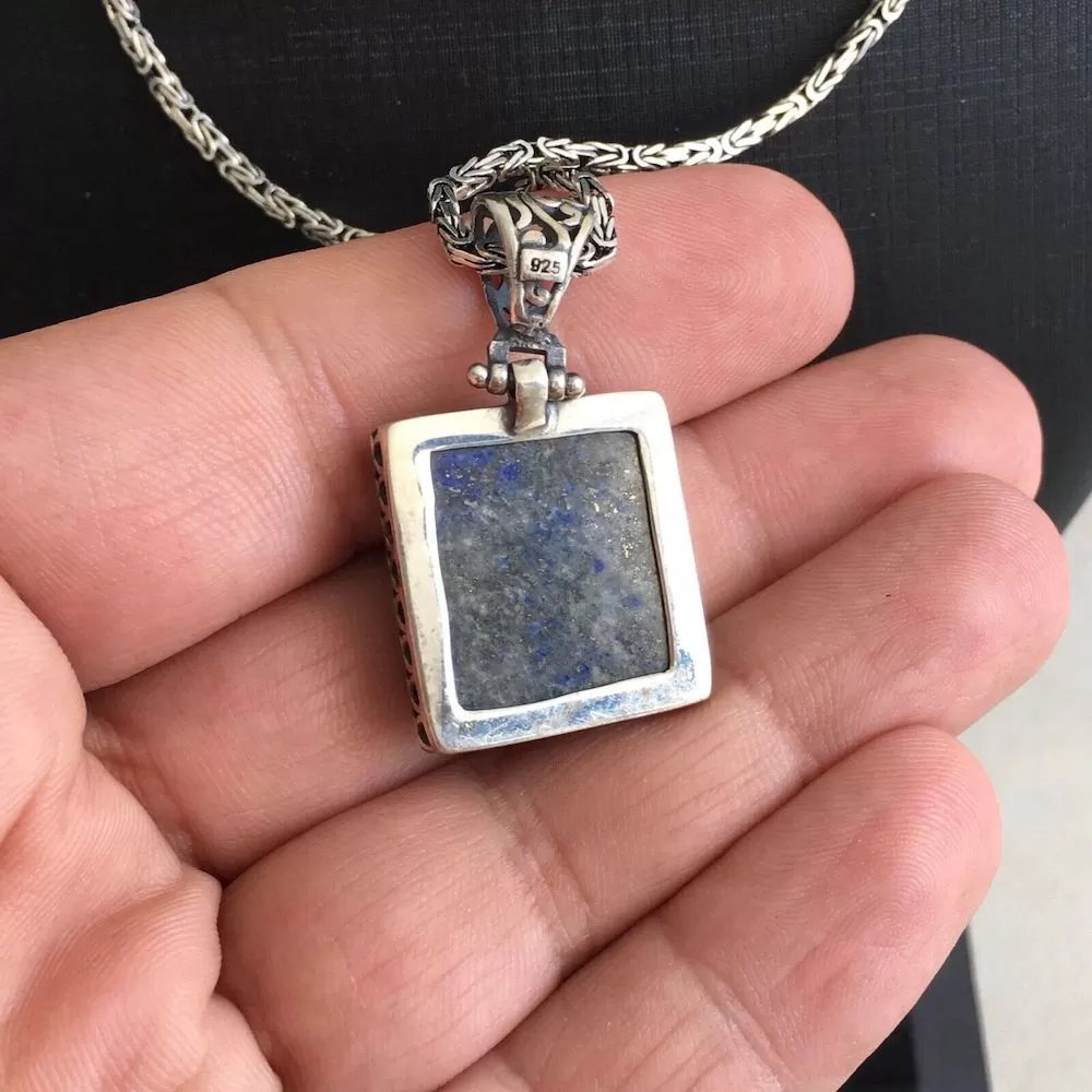 Lapis Lazuli Pendant Sterling Silver Kings Chain Necklace hand-engraved Islamic Verse The Throne