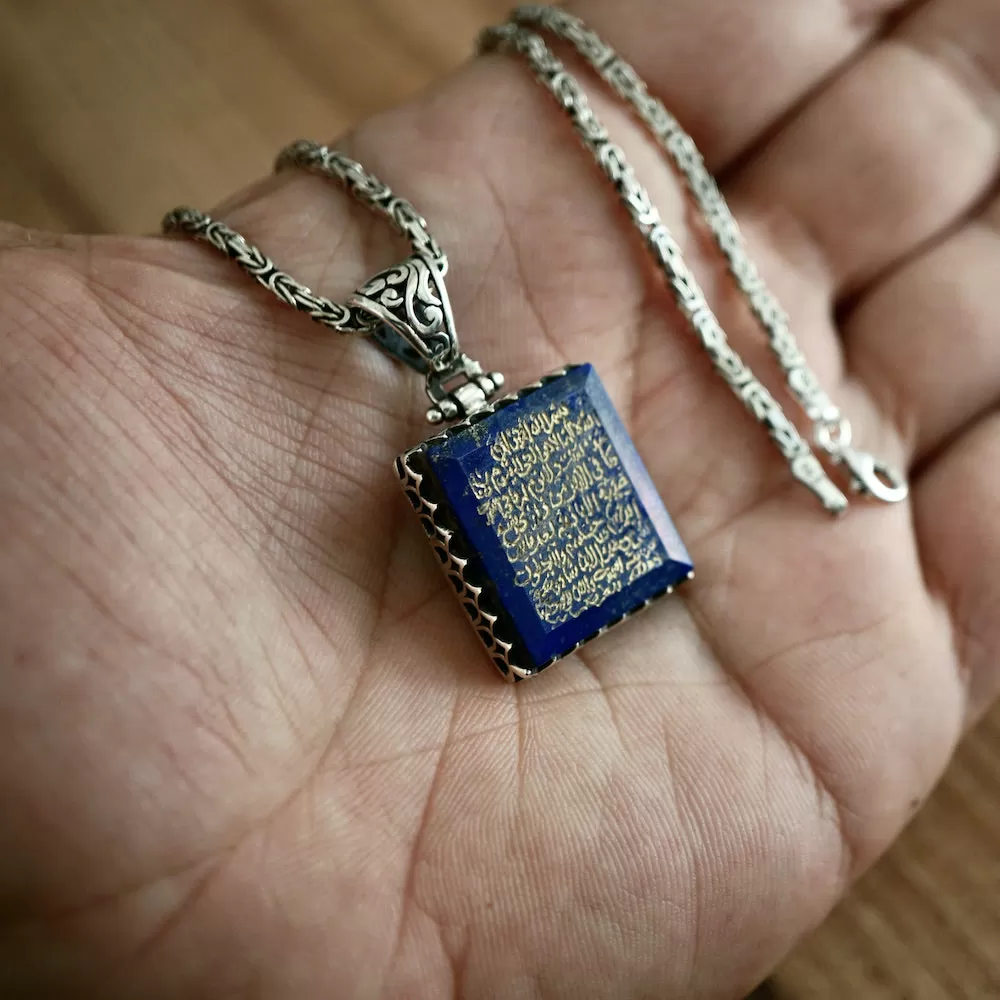 Lapis Lazuli Pendant Sterling Silver Kings Chain Necklace hand-engraved Islamic Verse The Throne