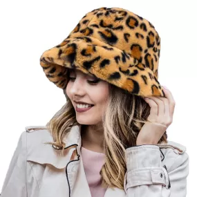 Leopard Patterned Faux Fur Bucket Hat