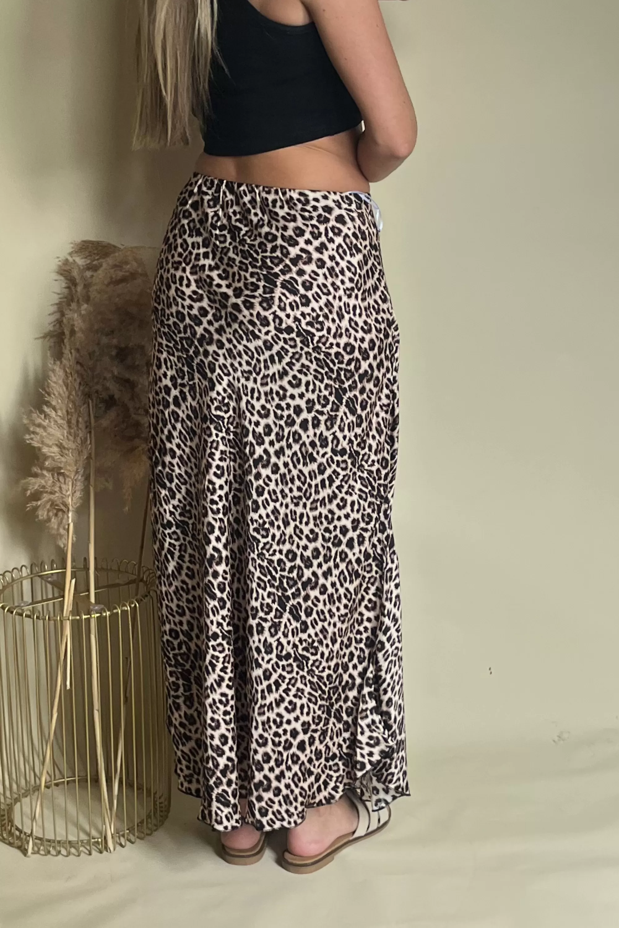 Leopard Print Midi Satin Skirt with Elasticated Waist