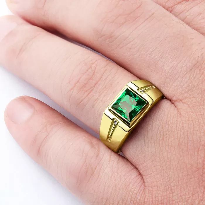 Men's Emerald Ring 10K Yellow Gold and Natural Diamonds, Statement Men's Ring