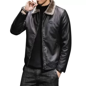 Men's Faux Leather Jacket with Lapel Collar Plush Fur Lining