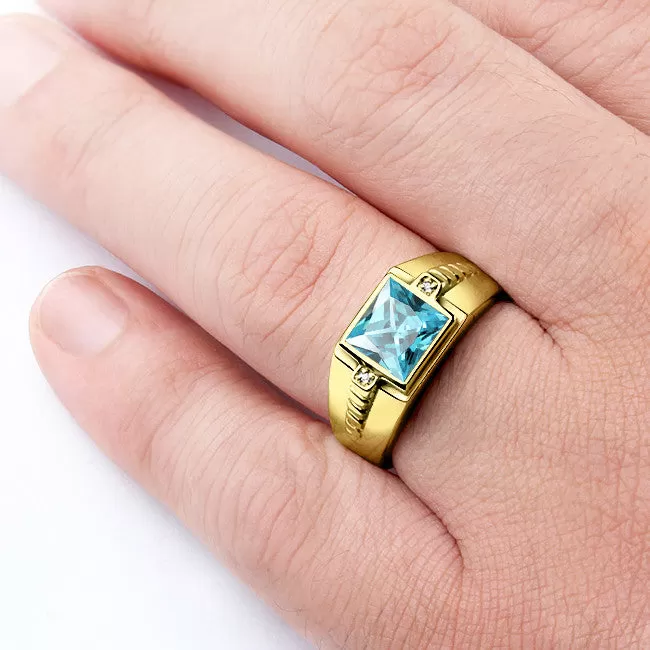 Men's Ring 10k Gold with Natural Diamonds and Blue Topaz, Men's Gemstone Ring