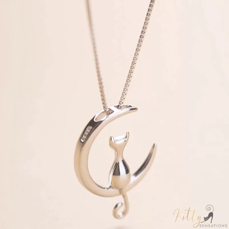 Moon Kitty Necklace in Solid 925 Sterling Silver