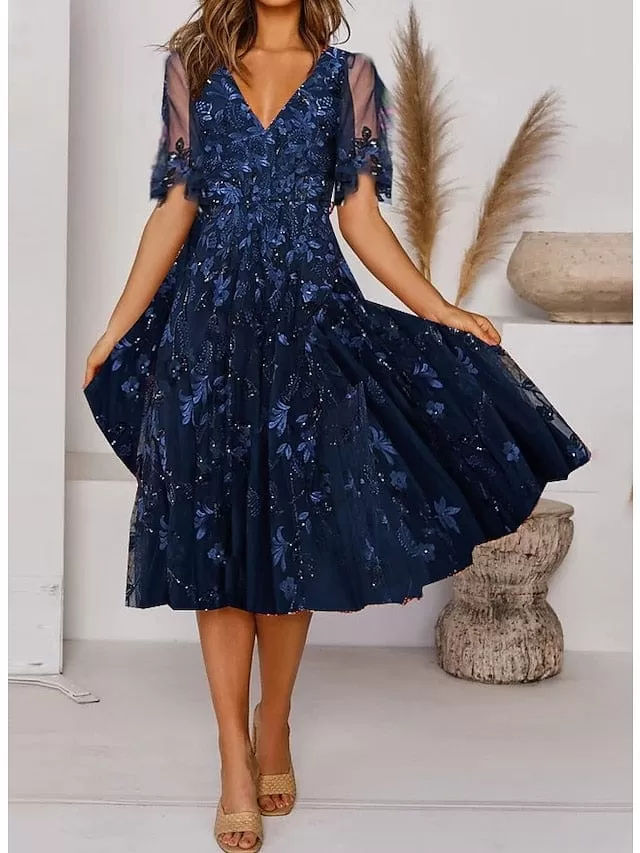 Navy Blue Floral Ruched V-Neck Midi Dress - Women's S-3XL